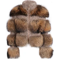 

women high quality patchwork real raccoon fur coat ladies stand collar long sleeve natural raccoon fur jacket