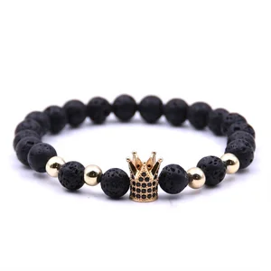 Cheap Wholesale Lava Stone Micro Paved CZ Stone Crown King Bracelet Wholesale Fashion Jewelry