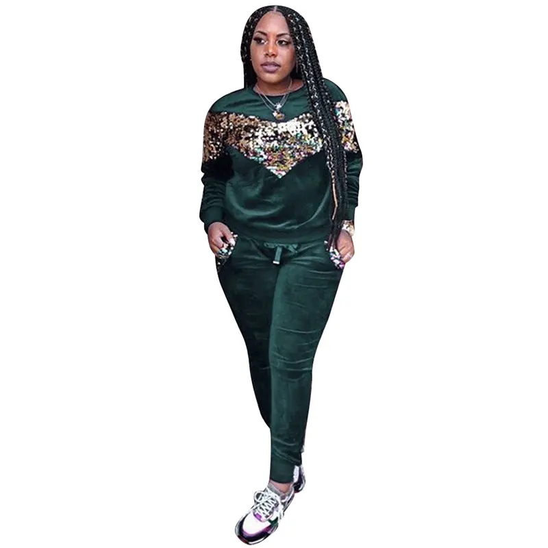 

Autumn Winter Velvet Stitching Sequins Long Two Piece Set