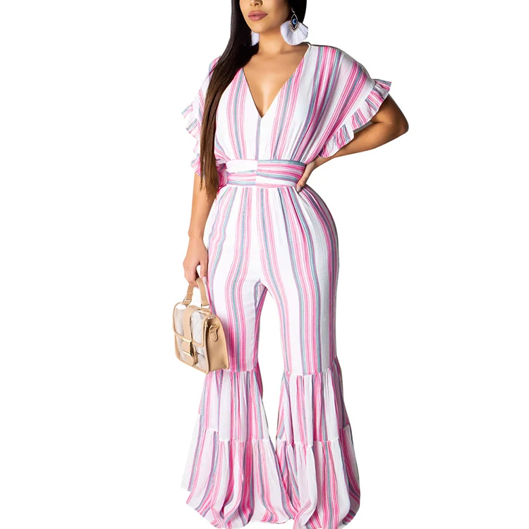 

Summer Fashion Contrast Color V Neck High Waist One Piece Sexy Women Jumpsuits Summer Fashion