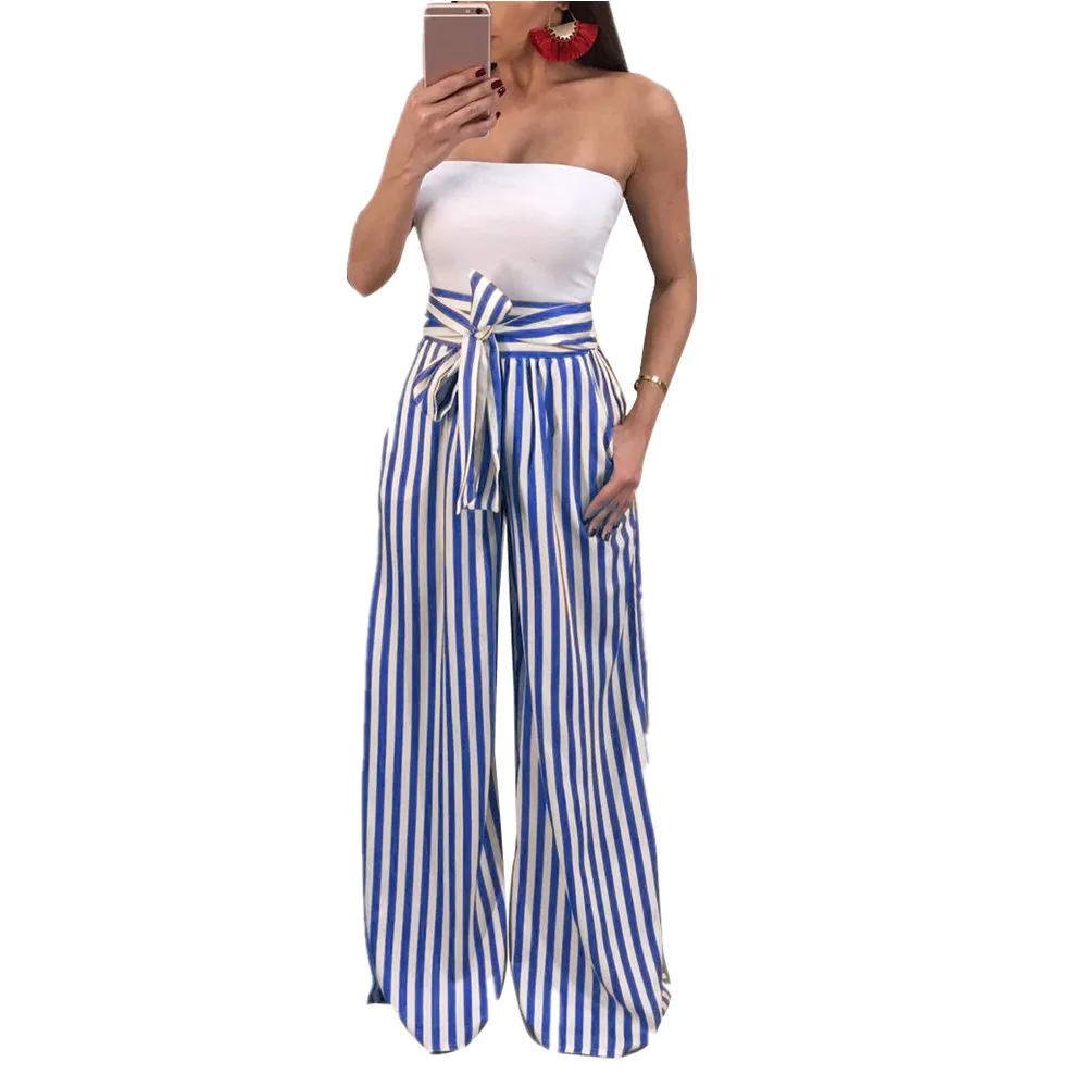 

Striped Self Tie Waist wide leg casual palazzo women's pants, Blue
