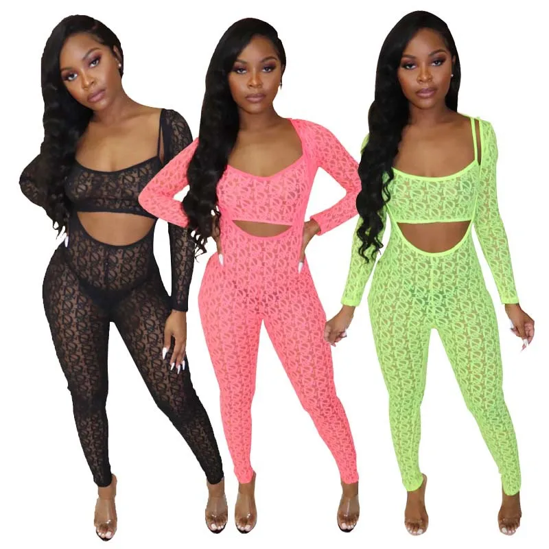 

Wholesale fashion plus size sexy women bodycon 2 piece neon lime green lace rompers jumpsuit
