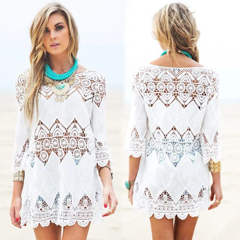 

Vestidos Summer Boho Women Beach Mini White Dress Elegant Half Sleeve Lace Floral Crochet Hollow Out Solid Dress Long Tops