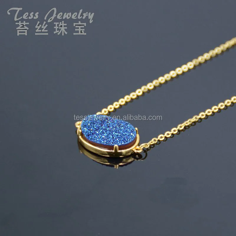 

Hot Selling 13*18mm Oval Drusy Blue Choker Pendant Necklace Quartz Pendant Bezel Druzy Necklace for Women, Blue druzy choker