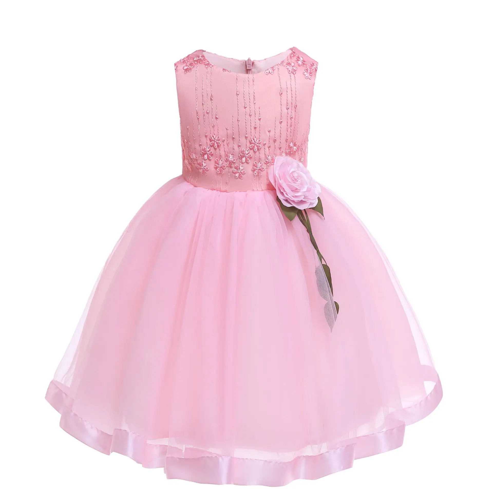 

Best selling flower embroidery lace pink princess kids birthday dress