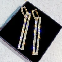

free shipping Fashion Long Geometric Drop Earrings Luxury Gold Silver Color Rectangle Rhinestone Earring for Women Jewelry Gift
