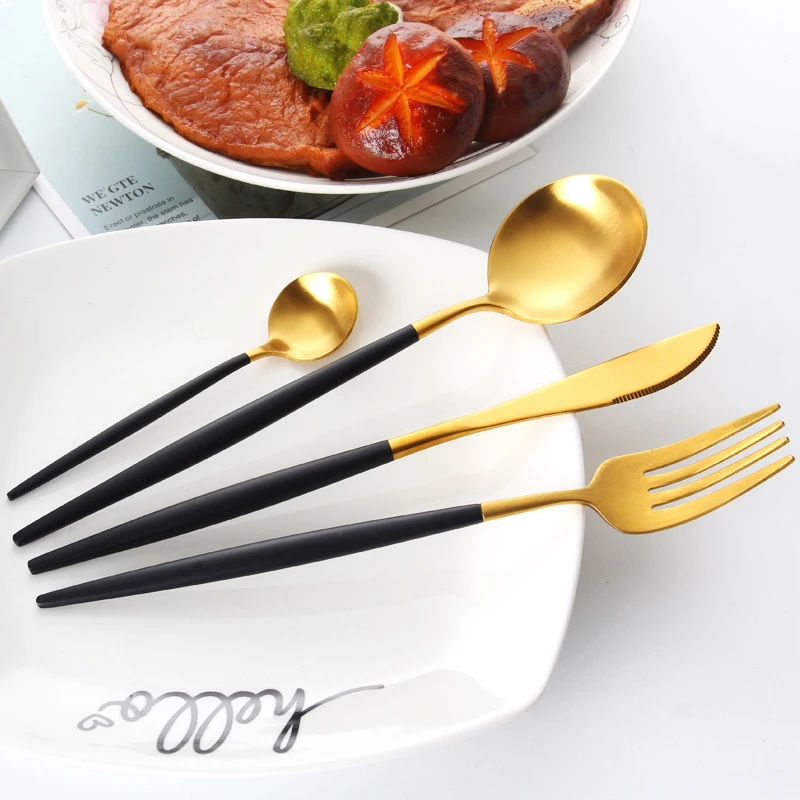 

18/10 stainless steel gold plated black handle flatware wholesale for restaurant, Black & gold