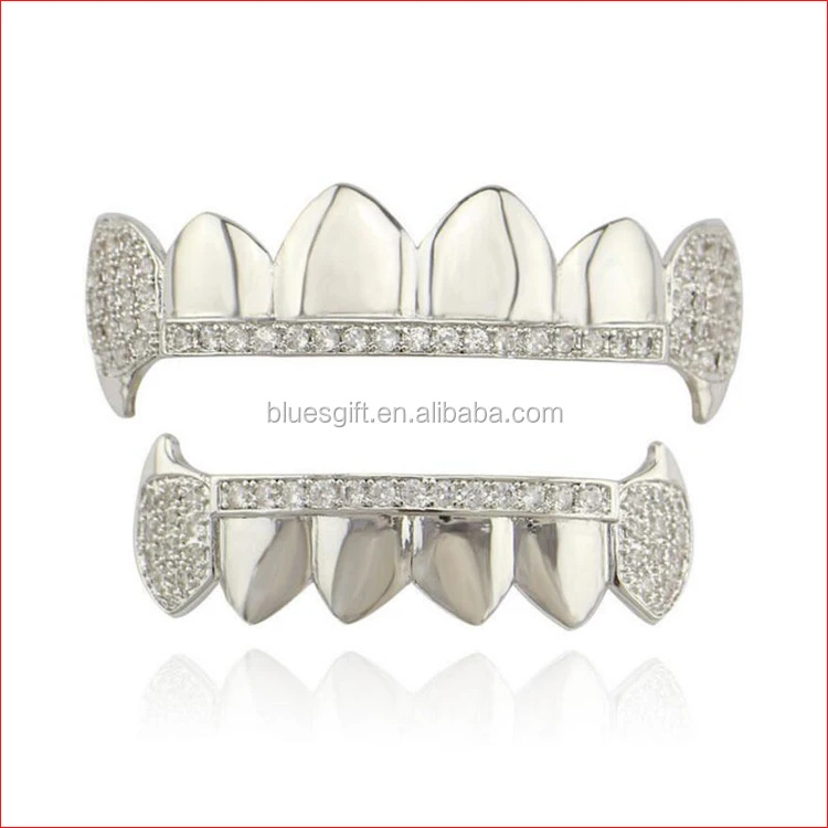 

New Custom Hip Hop Teeth Grillz CZ Fangs Bling Teeth Braces TG137-G1, Silver;realll gold