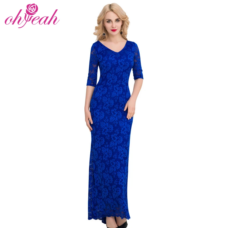 

Hot sale half sleeve blue lace evening dress