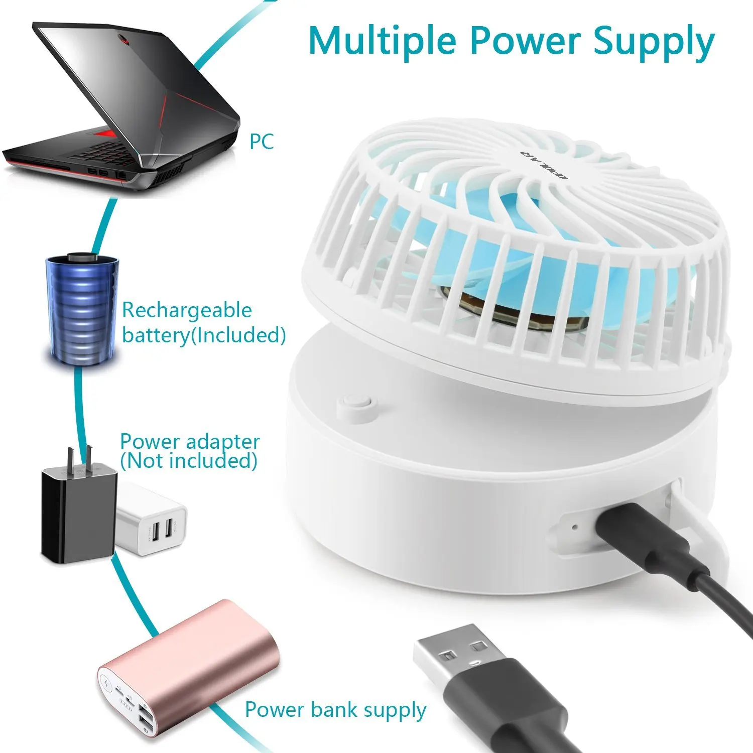 Topsharp 3 Speeds Portable Necklace Fan USB Rechargeable Handheld Cooling Mini Personal Fan With lanyard and mirror