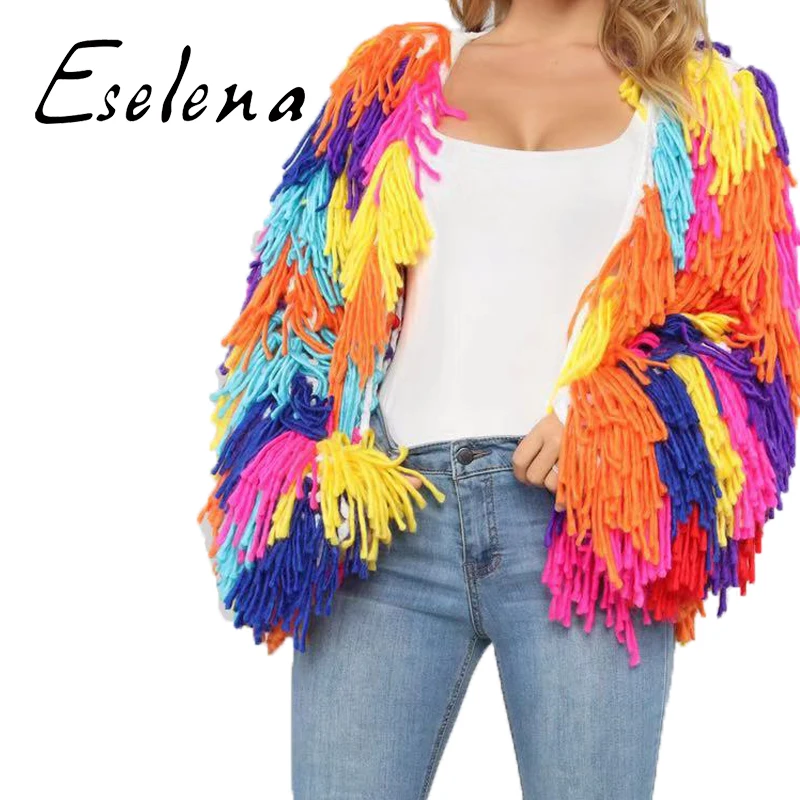 

Sweater factory wholesale custom OEM women loose rainbow hand crochet plush tassel coat cardigan