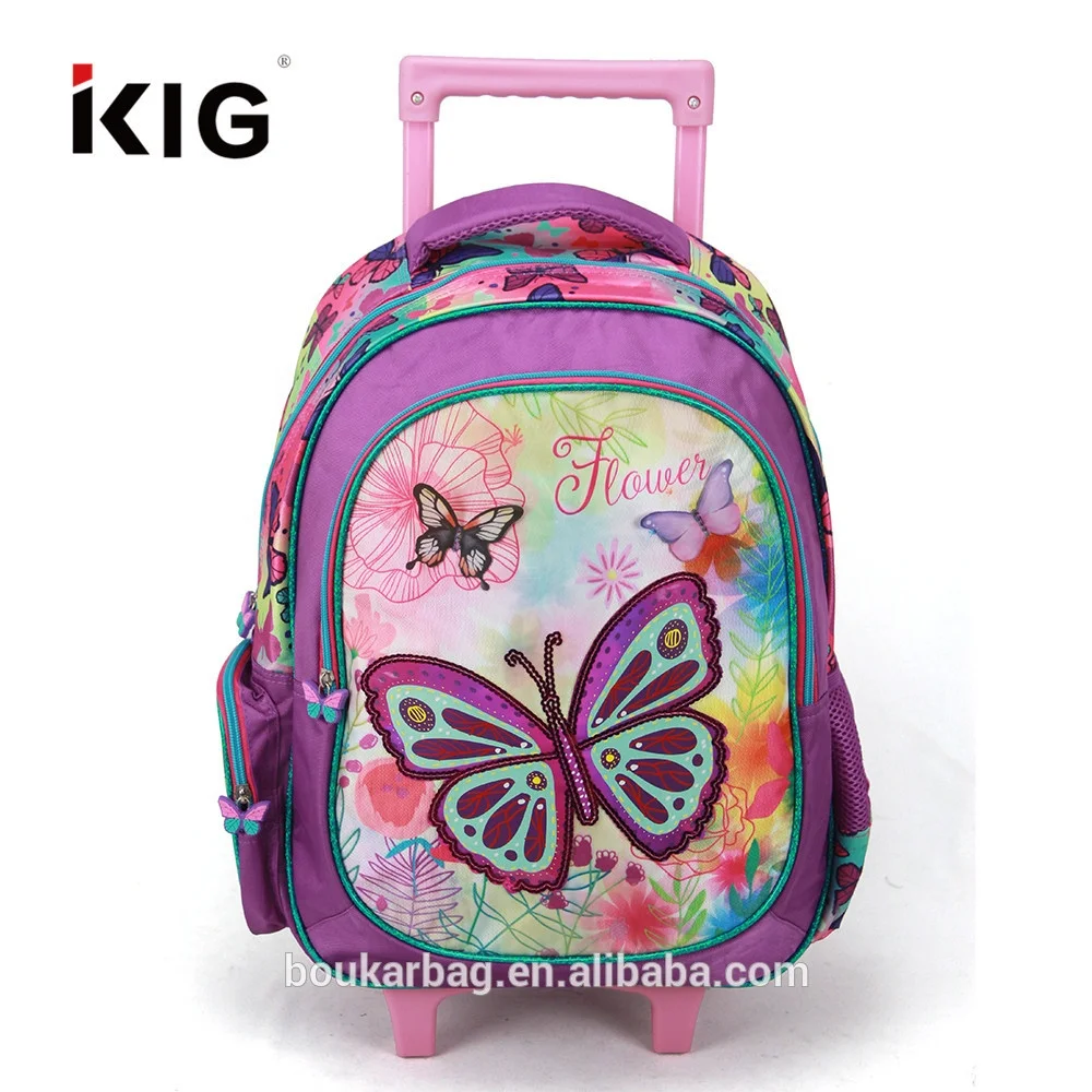 

Fashionable kids butterfly large school bag girls with wheel, Customized