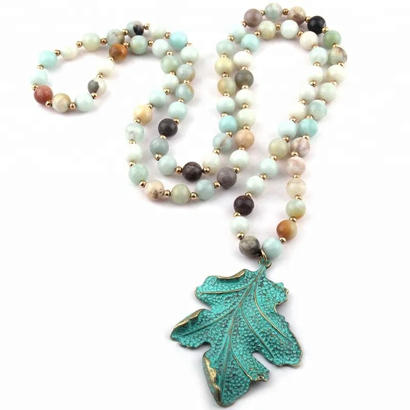 

Women Natural Amazonite Stone necklace knotted Maple leaf Buddha Cross Pendant Necklace, Shiny stone