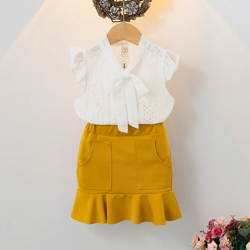 

Korean Trendy Ropa Infantil Skirt Set Design Sleeveless Ruffle Little Girl Dress Suit for Children, White+yellow