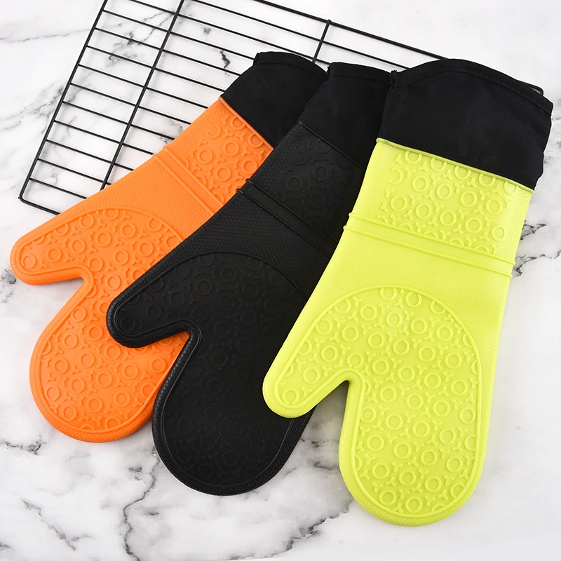 

Extra long 14 inches heat resistant cotton lining oven mitts silicone oven gloves, Red, green, orange, blue