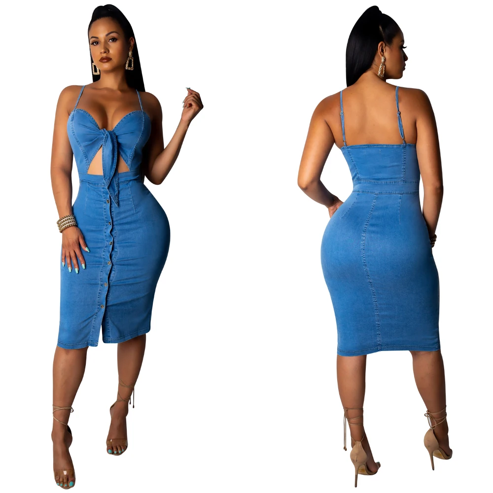 

Wholesale women casual solid hollow out jeans denim dress MB905