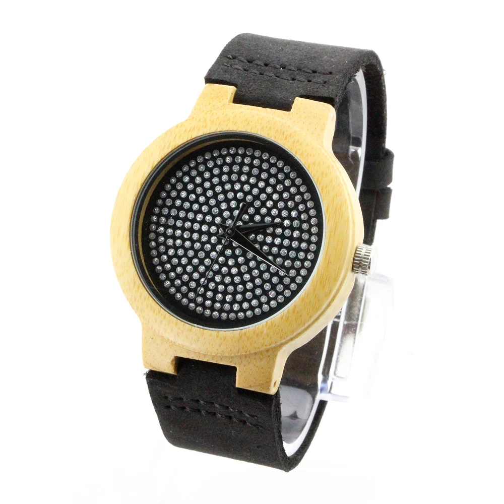 

2018 All Star Dial Bamboo Women Watches Luxury Leather Braided Strap Watch, Yellow case and black dial