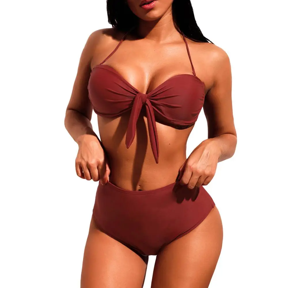 

Wholesale BurgundyTie-front Halter Bikini High Waist Swimwear, Burgundy