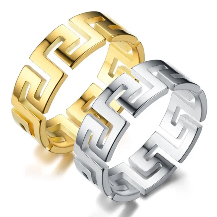 

Hotsale item vintage greek key pattern silver goldcolor cheap wholesale stainless steel greek key ring for men and women