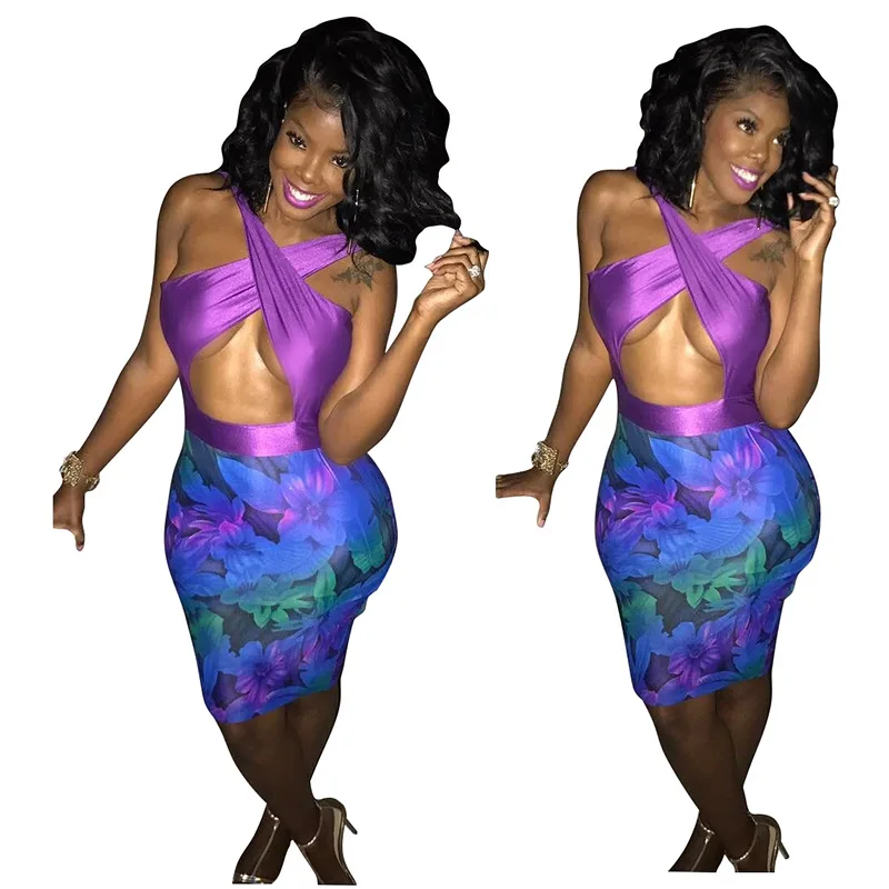 

Sexy nightclub dress digital print crossover strap wrap hip bandage skirt H9169 dress tube dress