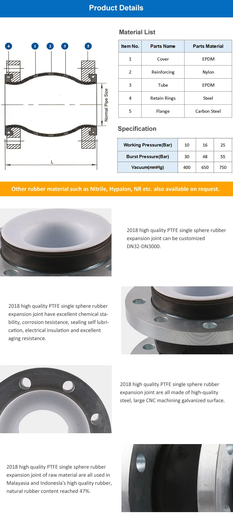 Henan huayuan PTFE lined bellows joint pipe compensator with flange