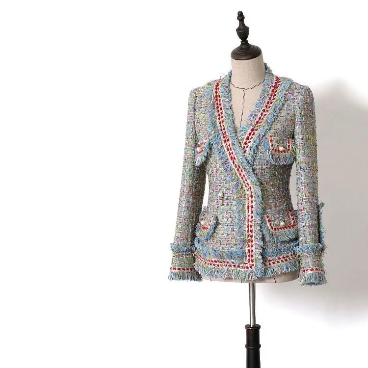 2019 Fashion British Blazer hot sell high quality double-breasted tweed blazer woman Trench buttons fringes Tweed jacket coat