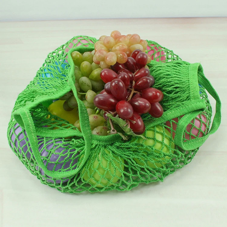 Customize Reusable Net Knitted Making Green Cotton Large Capacity Mesh Storage Bag With Shoulder Handle For Fruit Vegetable