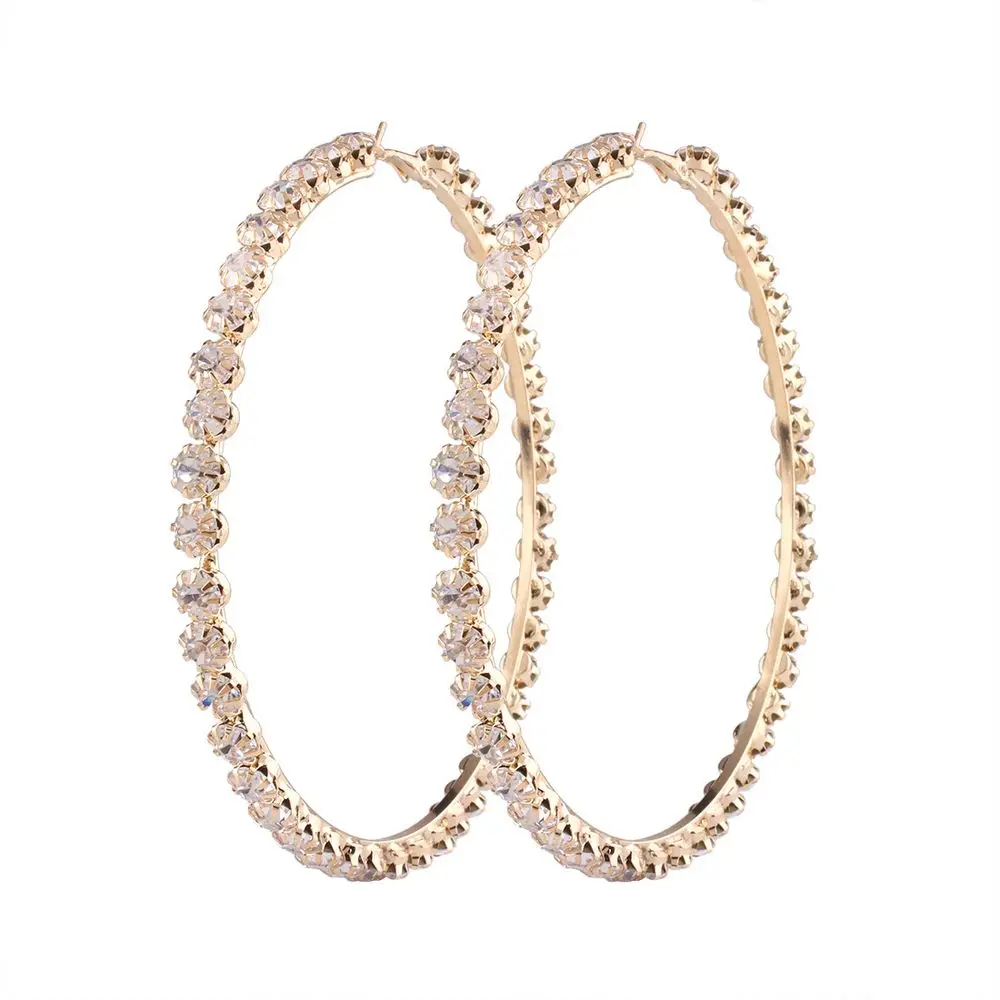 

2020 New Trendy Rihanna Style Big Large Gold Plated Crystal Diamond Hoop Earrings, Gold black silver hoop earrings