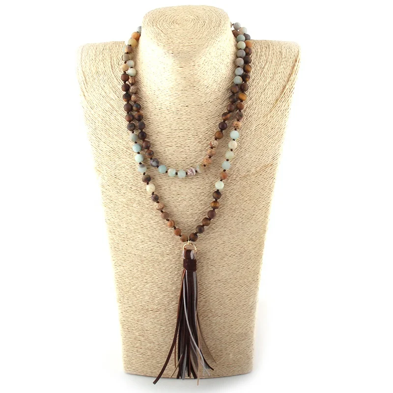 

108pc Stone Beads Frosted Amazonite and Tiger eye Knotted Long Big Tassel Necklace Women Ethnic Necklace