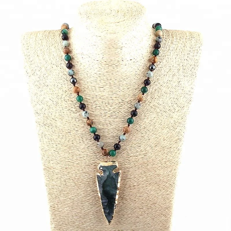 

Fashion Women natural stone pic jasper magnetic beads Knotted Necklace Green Arrow Pendant Necklace
