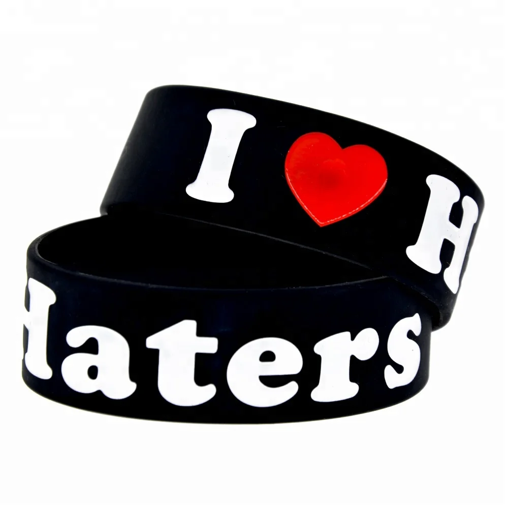 

25PCS 1 Inch Wide Debossed I Love Haters Silicone Wristband, Black, white, pink, blue, purple