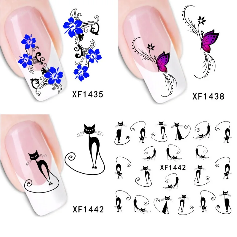 3pieces Flowers Black Cat Nail Stickers unha postica autocolante ricostruzione unghie nail art water decals nail