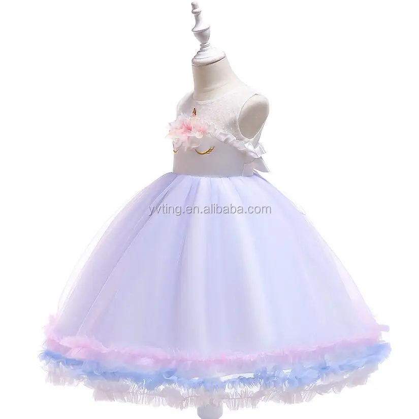 Girls Unicorn Dress Children Summer Birthday Party Net Yarn PengPeng Princess Dress