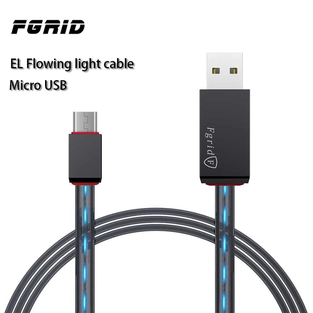 

FGRID customizable flex flat EL colorful mobile phone chargar micro usb cable with led light, Black