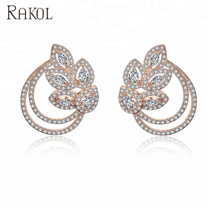 

RAKOL New design jewelry hoop earrings crystal 18k white gold plated CZ stud earrings E2130, As picture