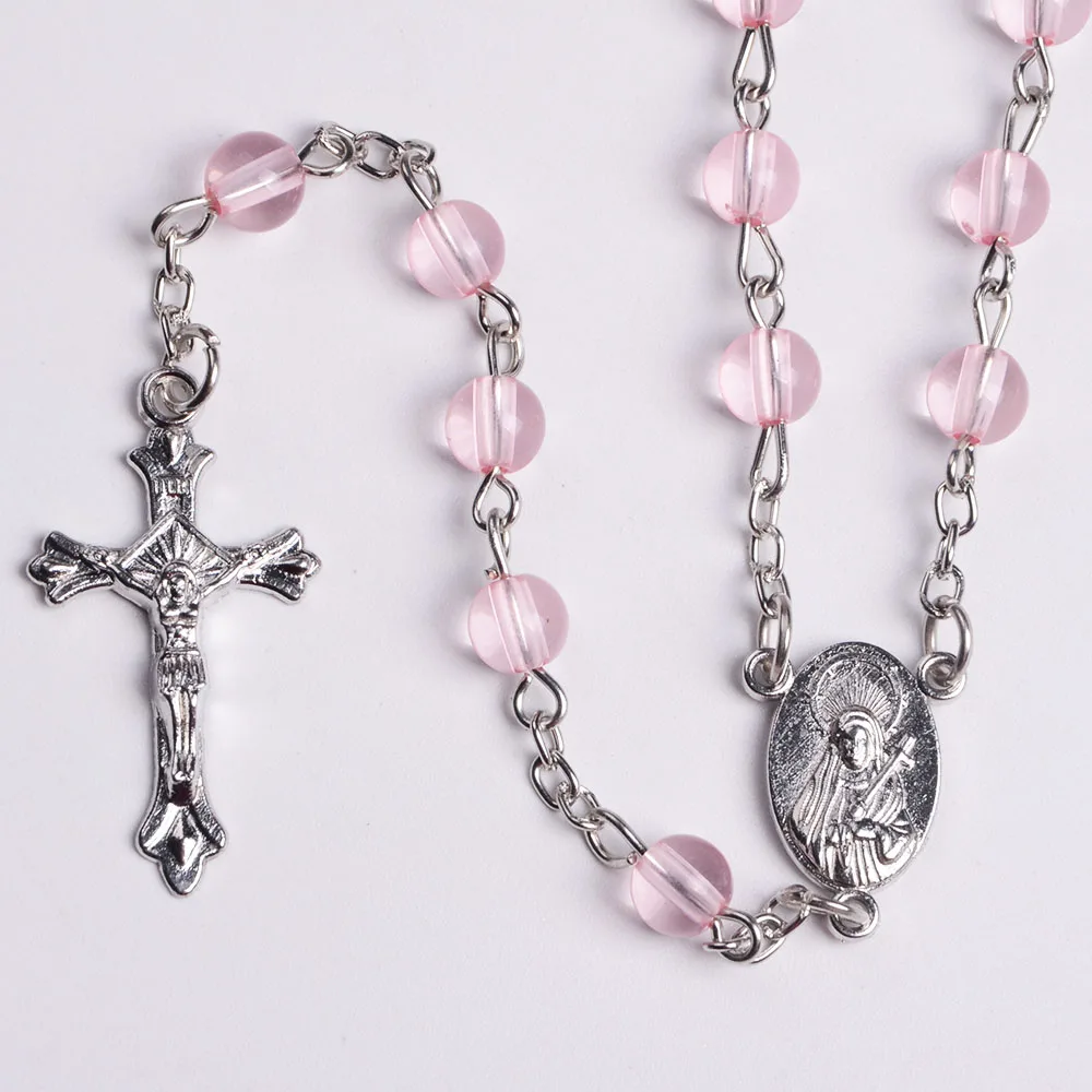 

Luxury 6 mm Glass Pink face Cut Beads Religious Catholic Antique Silver Crucifix and Centerpiece Rosary