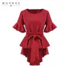 fashion women Irregular High Low Hem Pleated Ruffle Belted Front Fishtail Blouse Shirt