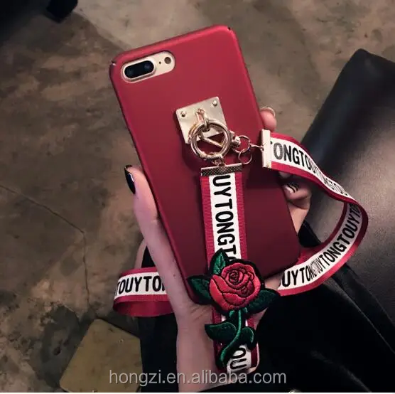 

Hard PC Embroidered Roses Letters Neck Lanyard Strap Long Chain Back Cover for iphone 6 6s Plus 7 Plus 5 5s SE Moblie Phone Case