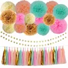 Umiss Paper 42pcs Gold Mint Green Pink Peach Cream Tissue Flowers, Tassel Garland Gold Glitter Star Garland Kit