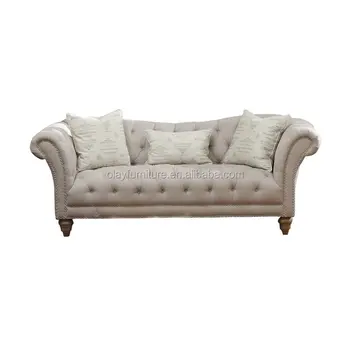French Provincial Sofa Furniture Beige Linen Tufted Wooden Event Wedding White Luxury