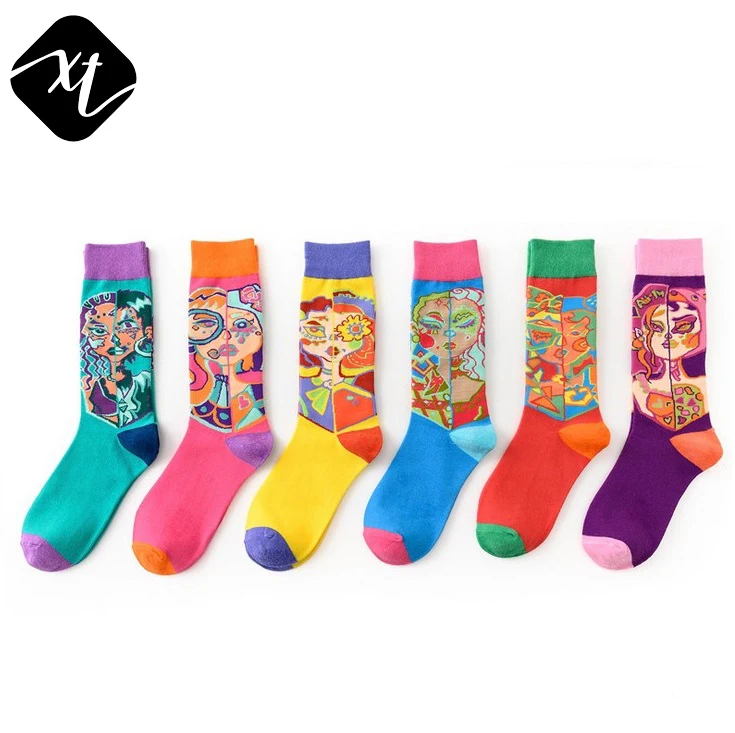 

WISH EBAY AMAZON SUPPLIER high quality girls face pattern bright colorful girls womens colored crew happy socks, 6 colors