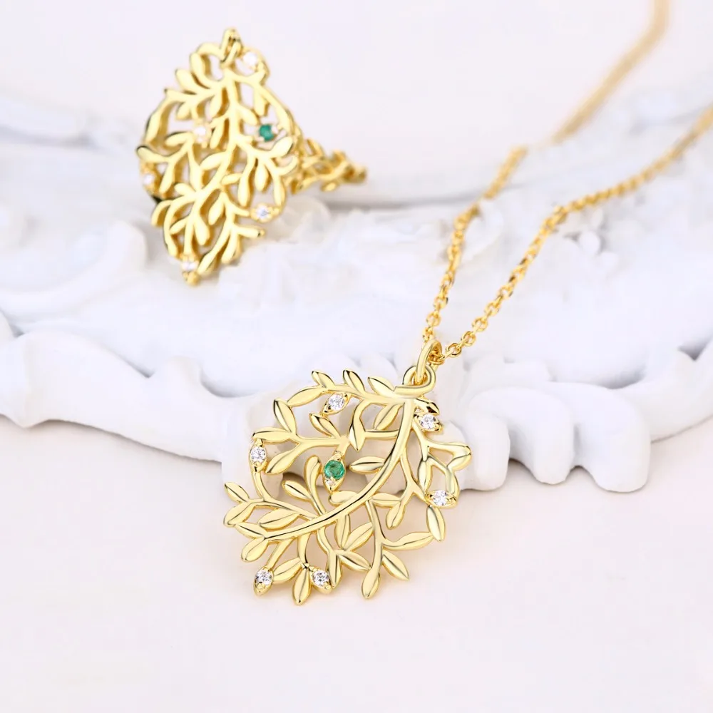 

Italian 925 sterling silver jewellery vine leaf shaped emerald gold jewelry set