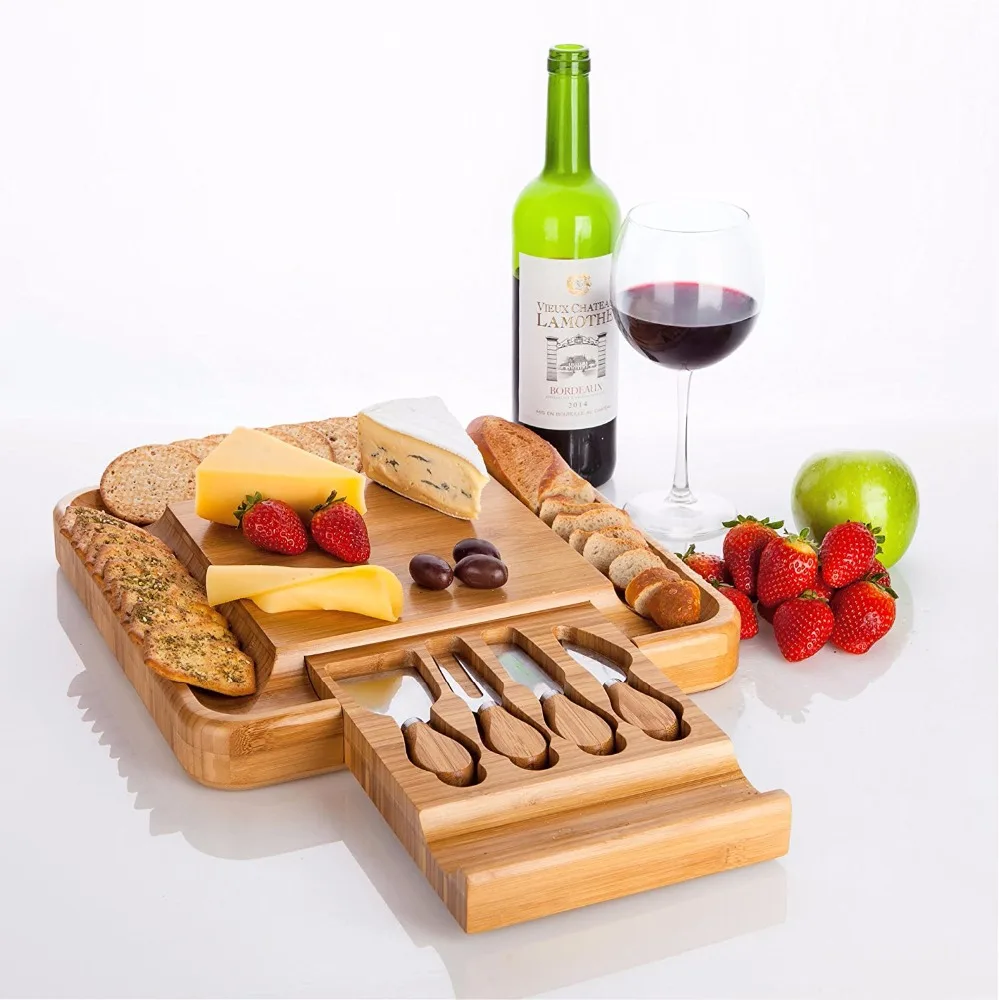 

100% Natural Bamboo Cheese Board & Cutlery Set with Slide-Out Drawer and knife
