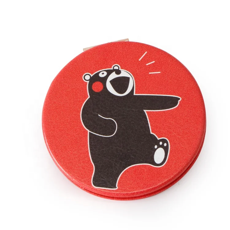 

High Quality Round Rose Gold Metal Frame PU leather Kumamoto Bear Design Travel Pocket Mirror