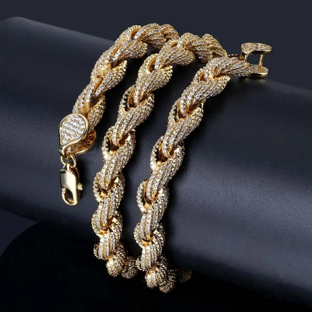 

High Quality Twisted Gold Silver Color Cubic Zircon Chain Jwelleries Necklaces Gold plated Personality Hip Hop/ Punk Charms, Gold, white gold
