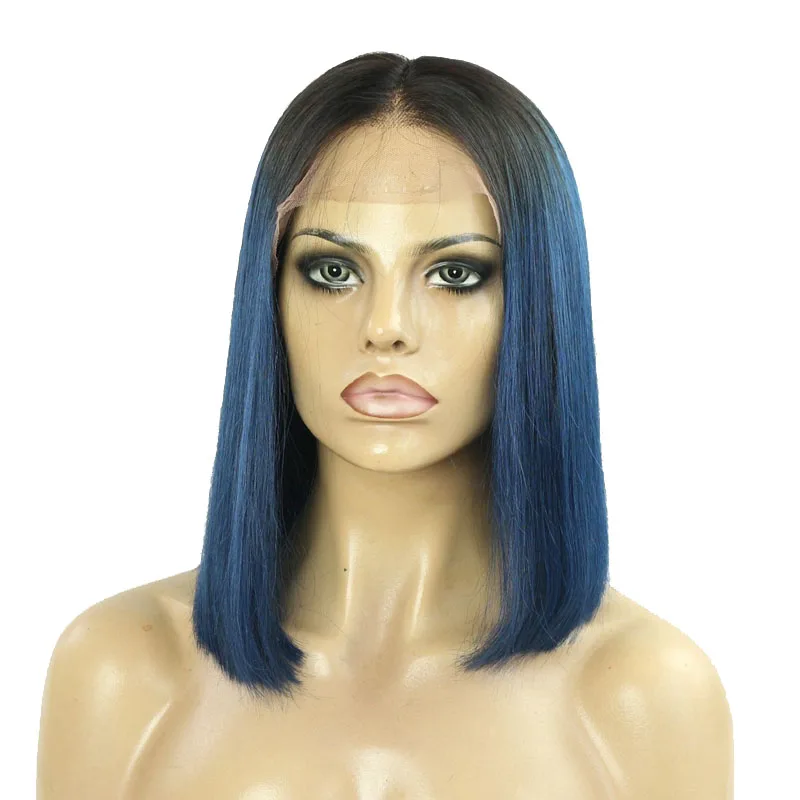 

12INCH Ombre Blue Virgin Brazilian Human Hair 4.5INCH Lace Front Wig Bob Cut Wig