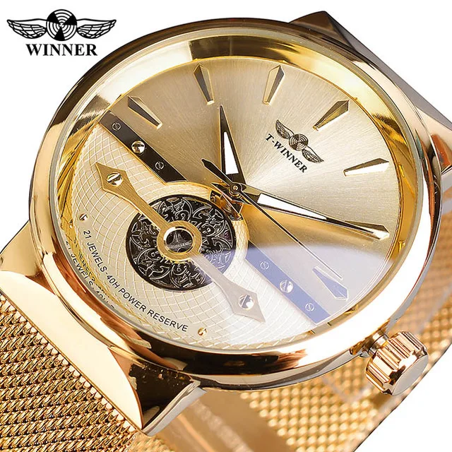 

Winner Automatic Mens Watch Hollow Skeleton Slim Mesh Steel Strap Wristwatch Self-Wind Mechanical Waterproof Clock, 4 colors