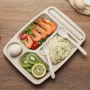 Image of Biodegradable Eco-friendly Wheat Straw Kids Lunch Plate Tray with Flatware Set Plastic 5 Compartments Egg Tray Plate