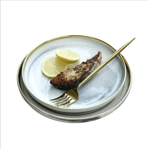 Wholesale Nordic Golden Edge Marble Steak Dessert Ceramic Tableware Dinner Plate