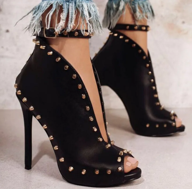 

CSS342 Latest Style Women Summer High Heel Ankle Boots Rivet Peep Toe Stiletto Ankle Strap Boots, Black